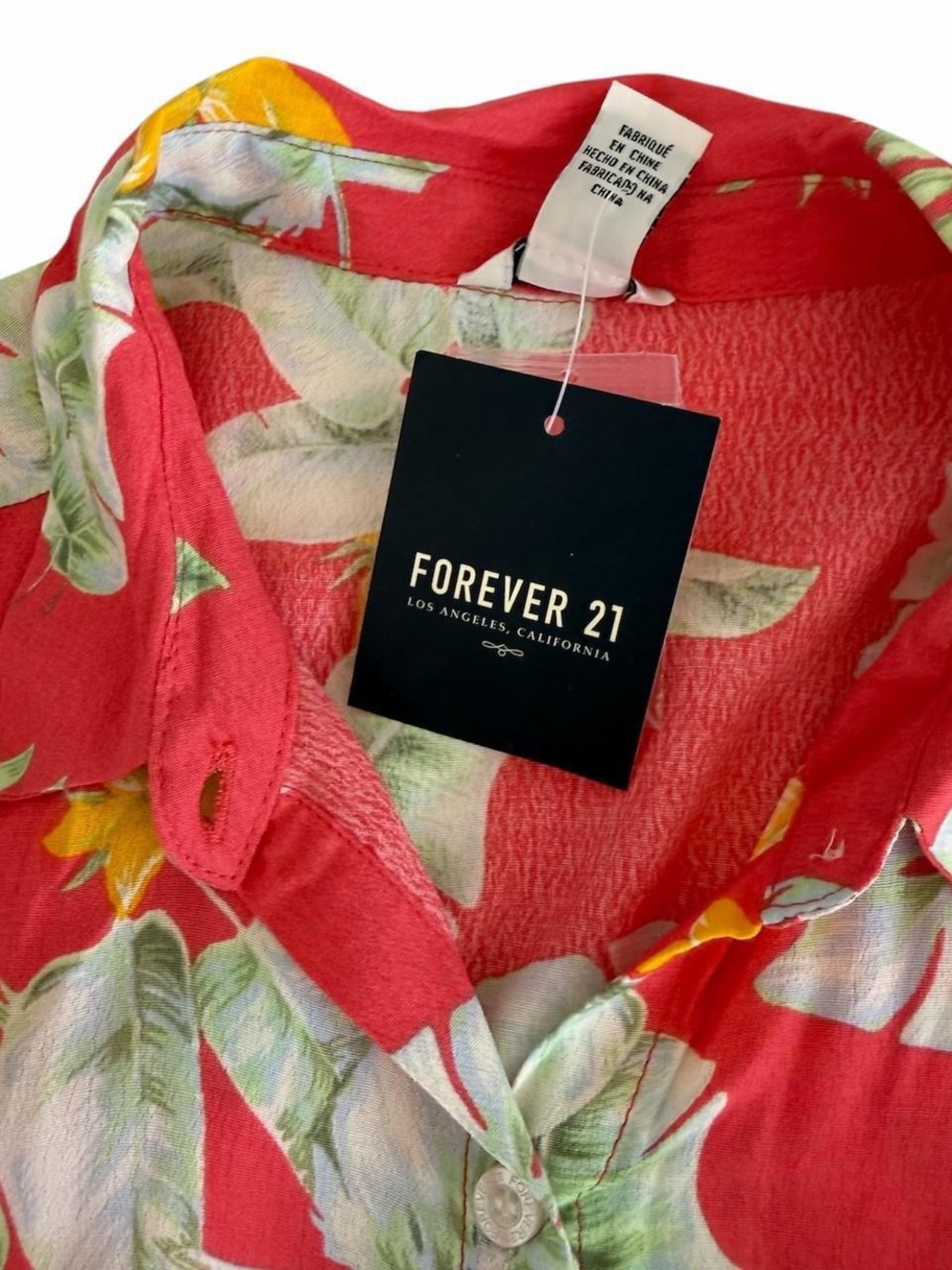NWT Forever 21 Red Tropical Floral Hawaiian Button-Down Shirt - Picture 6 of 8